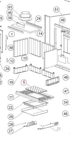 Das Bild zeigt eine Explosionszeichnung des Carillon 16:9 von La Nordica. Es ist eine detaillierte Ansicht aller Teile des Produkts mit nummerierten Elementen, um die Identifizierung und den Zusammenbau der Teile zu erleichtern. Der Brennraumrost ist als Teil Nummer 6 markiert und ist ein wichtiges Bauelement des Kamins, das für die Unterstützung des Brennmaterials wie Holz oder Kohle im Brennraum des Kamins verantwortlich ist.