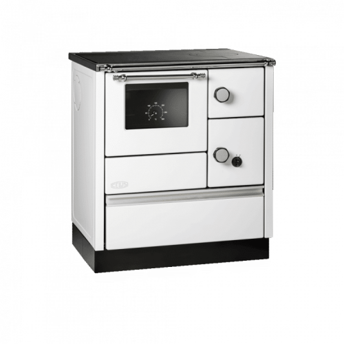 Das Bild zeigt den Küchenherd Lohberger Celus Cook 75 mit einer Leistung von 6 Kilowatt. Das Produkt präsentiert sich in Weiß mit einer sichtbaren Backofentür mit Glaseinsatz und einem Bedienfeld. Darüber hinaus verfügt der Herd über drei Regler an der Frontseite und eine herausstehende Arbeitsplatte am oberen Rand. Im unteren Bereich befindet sich eine Schublade. Ein grünes Energieeffizienzlabel mit der Aufschrift A+ ist deutlich sichtbar und verweist auf die Energieeffizienzklasse des Herdes. Das Bild dient dazu, das Design und die Features des Küchenherds zu präsentieren, sowie die hohe Energieeffizienz hervorzuheben.