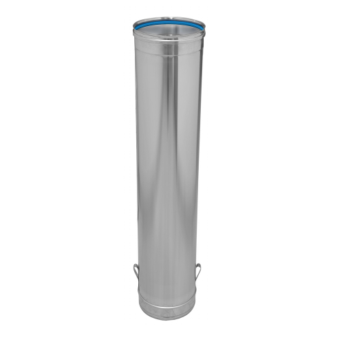 Das Bild zeigt das Produkt Dinak SW6 Längenelement 980mm 80-300mm mit Ablassschlaufen, ein zylindrisches Edelstahlelement mit einer blauen Dichtlippe am oberen Ende und Ablassschlaufen am unteren Ende. Es wird verwendet, um Abgase sicher durch einen Schornstein oder eine Abgasleitung zu leiten.
