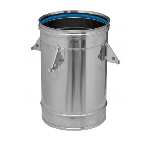 Das Bild zeigt das Produkt Dinak SW6 Längenelement 315mm 110-300mm mit Ablassschlaufen. Es handelt sich um ein zylindrisches Element aus Edelstahl, das für Schornstein- oder Abgassysteme verwendet wird. Das Längenelement hat am oberen und unteren Rand Dichtungen und ist mit Ablassschlaufen ausgestattet, die vermutlich der Kondensatableitung dienen. Das Produkt ist zur Montage oder Integration in entsprechende Abgasanlagen vorgesehen.