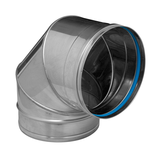 Das Bild zeigt einen Dinak SW6 90° Bogen mit einem Durchmesser von 80-300mm. Der Edelstahlbogen ist für die Montage in Abgassystemen ausgelegt und dient dazu, Richtungsänderungen der Abgasführung um 90 Grad zu ermöglichen. Er weist am Ende ein blaues Dichtungselement auf, was auf eine mögliche Schnellmontage- oder Steckverbindung hinweisen könnte. Das Produkt wirkt robust und ist für die Verwendung in Heizungsanlagen konzipiert.