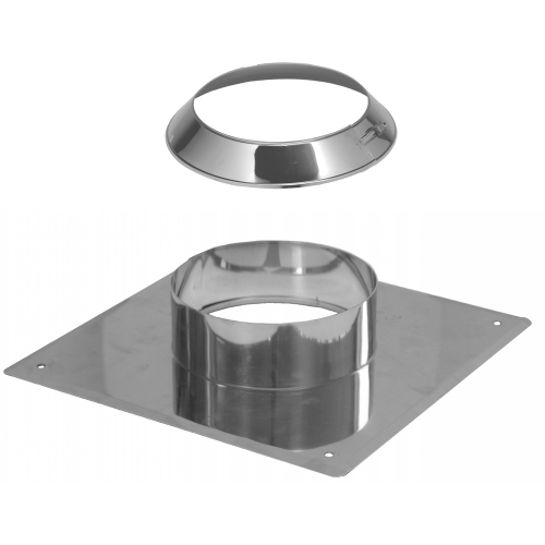 Das Bild zeigt eine Dinak SW6 Kopfabdeckung 80-300mm mit Wetterkragen, bestehend aus einem glänzenden, zylinderförmigen Bauteil mit einer darunter angebrachten quadratischen Platte und einem separaten, abgerundeten Deckel. Der Zweck des Bildes ist es, die Komponenten dieses Produkts zur Abdichtung und zum Wetterschutz von Schornsteinen oder Abgasleitungen darzustellen und Details der Konstruktion und des Designs zu veranschaulichen.