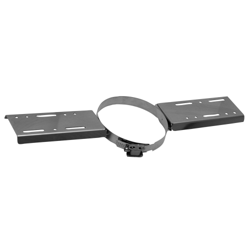 Das Bild zeigt den Dinak SW6 Dachhalter 80-300mm, ein Installationszubehör für Schornstein- und Abgasleitungssysteme. Der Halter besteht aus einer Metallschelle mit zwei angebrachten, flachen Montageplatten, die eine Befestigung auf dem Dach ermöglichen.