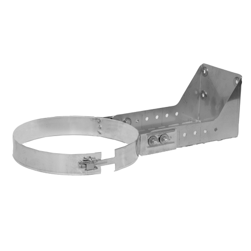 Das Bild zeigt das Produkt Dinak SW6 Wandbefestigungsband. Es handelt sich um eine metallische Halterung, die zum Befestigen von Rohrsystemen an einer Wand konzipiert ist. Auf dem Bild ist ein runder Haltering zu sehen, der durch eine verstellbare Schraubverbindung flexibel an verschiedene Rohrdurchmesser angepasst werden kann. An diesem Haltering ist eine metallene, rechtwinklig abgewinkelte Lasche mit mehreren Löchern befestigt, die zur Verschraubung an der Wand dient. Der Zweck des Bildes ist es, die Konstruktion und das Design des Wandbefestigungsbandes zur Ansicht für potenzielle Käufer oder Nutzer zu präsentieren.