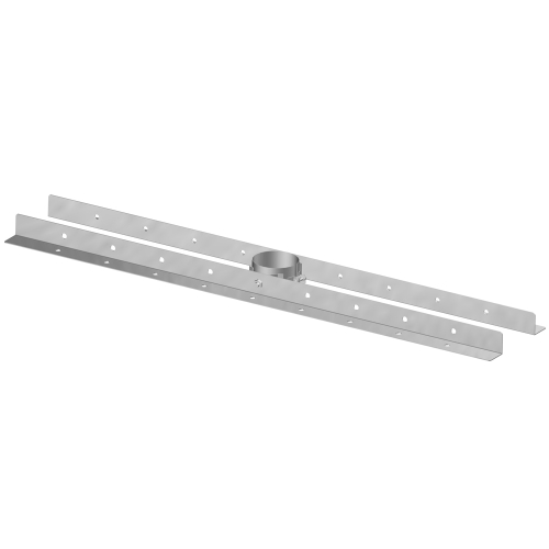 Das Bild zeigt den Dinak SW6 Dachhalter Premium 80-300mm, ein Bauteil aus Metall mit einem zentralen Rohranschluss und seitlichen Verstärkungsstreben mit mehreren Lochreihen zur Montage oder Befestigung. Der Dachhalter wird verwendet, um Schornstein- oder Abgasrohre sicher auf einem Dach zu installieren und zu stabilisieren.