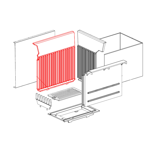 Das Bild zeigt eine Explosionszeichnung der Einzelteile der Brennraumplatte Links für Rosetta von La Nordica. Diese Illustration dient dazu, die räumliche Anordnung und den korrekten Einbau der einzelnen Komponenten darzustellen und zu veranschaulichen, wie die Teile zusammengefügt werden sollen. Die rote Hervorhebung kennzeichnet spezifisch die linke Brennraumplatte innerhalb der Gesamtkonstruktion.