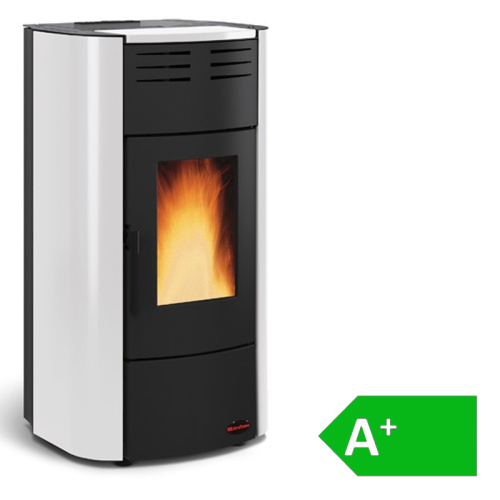 Das Bild zeigt den Raffaella Idro H15 wasserführenden Pelletofen Extraflame in einer freistehenden Position auf weißem Hintergrund. Das Design ist modern, mit einer Kombination aus schwarzen und weißen Elementen, und in der Mitte ist eine Glasscheibe sichtbar, hinter der sich ein Feuer befindet, was darauf hindeutet, dass der Ofen in Betrieb ist. Im unteren Bereich des Ofens ist das Logo der Marke Extraflame zu sehen. Am unteren Bildrand ist zudem ein grüner Energiespar-Label mit der Kennzeichnung A+ platziert, was die Energieeffizienz des Produktes hervorhebt.