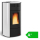 Das Bild zeigt den Raffaella Idro H15 wasserführenden Pelletofen Extraflame in einer freistehenden Position auf weißem Hintergrund. Das Design ist modern, mit einer Kombination aus schwarzen und weißen Elementen, und in der Mitte ist eine Glasscheibe sichtbar, hinter der sich ein Feuer befindet, was darauf hindeutet, dass der Ofen in Betrieb ist. Im unteren Bereich des Ofens ist das Logo der Marke Extraflame zu sehen. Am unteren Bildrand ist zudem ein grüner Energiespar-Label mit der Kennzeichnung A+ platziert, was die Energieeffizienz des Produktes hervorhebt.