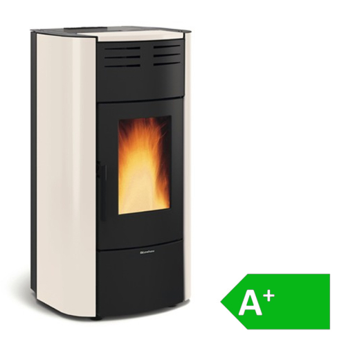Das Bild zeigt einen Raffaella Idro H18 wasserführenden Pelletofen von Extraflame. Der Ofen bewegt sich in einer energieeffizienten Klasse mit der Bewertung A+. Das Gerät ist in Schwarz und Beige gehalten, besitzt eine Glasscheibe, durch die man die Flammen sehen kann, und dient zur Beheizung von Räumen durch Verbrennung von Pellets, wobei es auch an ein Wassersystem angeschlossen werden kann, um Heizwärme zu übertragen.