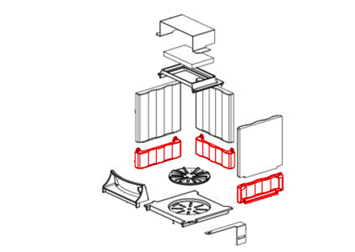 Das Bild zeigt eine Explosionszeichnung der Brennraumplatte klein unten Ester von La Nordica, welches die einzelnen Bestandteile und ihre Anordnung innerhalb des Produkts darstellt. Es dient zur Veranschaulichung der Teile und wie diese im Zusammenhang stehen, was bei der Montage, dem Service oder der Reparatur des Produkts hilfreich sein kann. Die roten Markierungen kennzeichnen spezifische Komponenten, wahrscheinlich um deren Identifikation oder Wichtigkeit hervorzuheben.